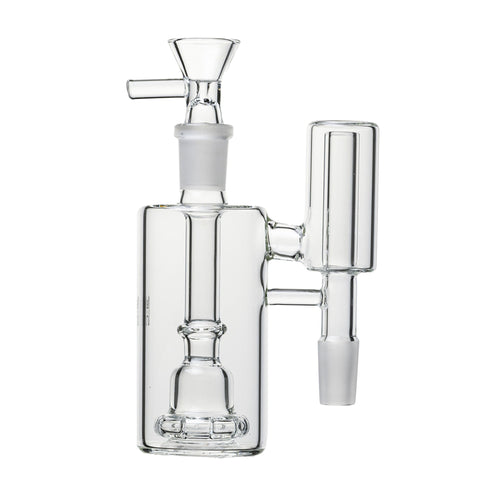 The Human Grade The Inverter Ash Catcher is a clear glass percolator attachment with a cylindrical main chamber, vertical side chamber, and angled mouthpiece, designed for 14mm water pipes or bongs.