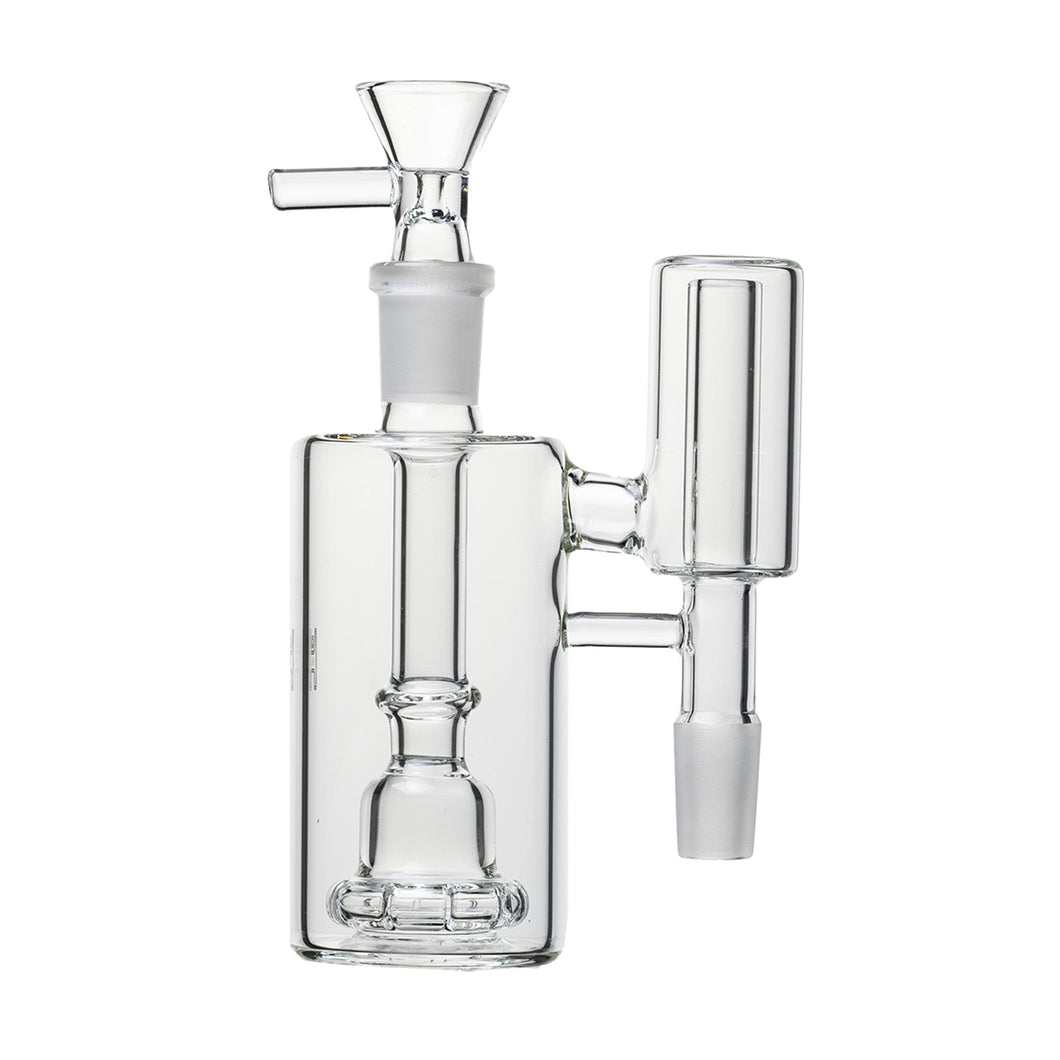 The Human Grade The Inverter Ash Catcher is a clear glass percolator attachment with a cylindrical main chamber, vertical side chamber, and angled mouthpiece, designed for 14mm water pipes or bongs.
