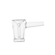 The MJ Arsenal Basin Bubbler, made from clear borosilicate glass with a straight handle and minimalist etched markings, features a cylindrical bowl and is shown against a white background.