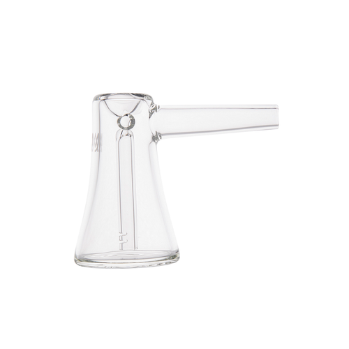 The MJ Arsenal Vulkan Bubbler, made of clear borosilicate glass, features a flared base, cylindrical body, and a straight side spout. It is shown against a white background.