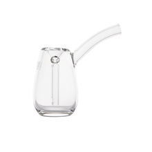 A clear borosilicate glass vessel with a spout and cylindrical body—resembling the modern, minimalist MJ Arsenal Bulb Bubbler—displayed on a plain white background.