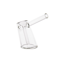 The MJ Arsenal Fulcrum Bubbler, made from borosilicate glass, showcases an angled tube, cylindrical mouthpiece, and slanted chamber in a clear design, expertly photographed against a white background.