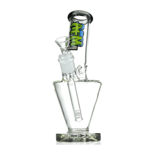 The AFM Glass 9" Upside Down Glass Beaker is a clear borosilicate glass bong with a slanted design, removable 14mm glass bowl and downstem, and colorful blue and green Cheech-style branding near the mouthpiece.