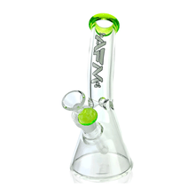 The AFM Glass 8.5" Bent Beaker Glass Water Pipe is a clear borosilicate bong with green-accented mouthpiece and bowl, 14mm downstem, and a stylized AFM logo on the neck, displayed on a white background.