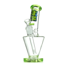 The AFM Glass 9" Upside Down Glass Beaker is a clear borosilicate water pipe with green accents, a colorful neck logo, slanted mouthpiece, removable glass bowl, and 14mm downstem.