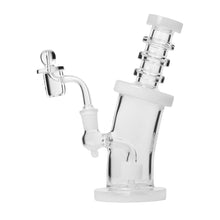 The Human Grade 8" Bent Neck Dab Rig features clear borosilicate glass, a cylindrical body, thick base, 14mm quartz bucket, and white accents on the mouthpiece, joint, and base for a sleek look.