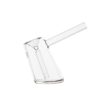 The MJ Arsenal Fulcrum Bubbler is a clear borosilicate glass pipe with a cylindrical bowl and straight stem, clean transparent design, and modern lines, shown on a white background. Inspired by the Fulcrum Mini Bubbler.