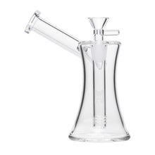 The Human Grade 6" Hourglass Sidecar Bubbler is a clear borosilicate glass water pipe with a flared base, angled sidecar neck, removable 14mm flower bowl, and built-in percolator for smooth hits.