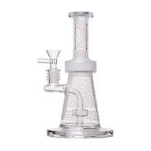 The Human Grade Aztec (Sandblasted) Glass Water Pipe features clear borosilicate glass, frosted and etched geometric patterns, a cylindrical mouthpiece, angled bowl, side carb, and a wide stable base.