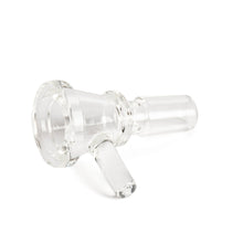 The Gear Premium 14mm XL Blaster Cone Glass Bowl Slide is a clear borosilicate piece with a wide bowl and downstem attachment, shown on its side against a white background, ideal for 14mm water pipes or bongs.