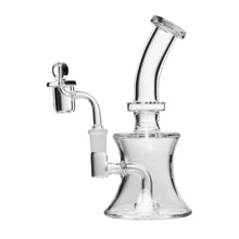 The Human Grade 8" Oil Can Rig is a clear borosilicate glass water pipe with a flared base, angled mouthpiece, detachable parts, and a 14mm quartz bucket, shown against a white background.