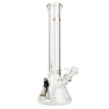 The Gear Premium 15" Sidekick (Beaker) Water Pipe features clear borosilicate glass, a cylindrical neck, gold lettering, a lighter holder on the beaker base, and is compatible with 14mm water pipe setups.
