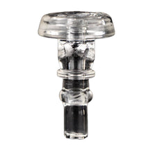 The Empire Glassworks Peak Pro 3DXL Joystick Cap is a clear borosilicate glass cap with a round, flat top and a tapered, ridged shaft, designed for sealing bottles or containers.