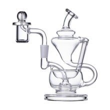 The Human Grade 5" Recycler 1A is a clear borosilicate glass water pipe with multiple chambers, curved tubes, and a flat base, designed as a double uptake recycler for smooth smoking or vaporizing.