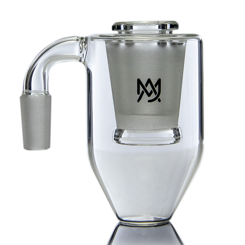 Clear glass water pipe with metallic accent and logo on a white background