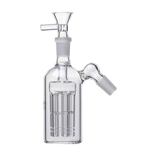The Jellyfish Glass Ash Catcher 14mm 45/90 degree features a clear cylindrical body, multiple diffusion slits for better filtration, an angled joint, and a funnel-shaped top for easy water pipe attachment.