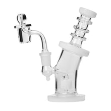 The Human Grade 6.25" Bent Neck Dab Rig is a clear borosilicate glass piece with a white accent, bent neck, cylindrical mouthpiece, round base, and attached 14mm quartz bucket for vaporizing concentrates.