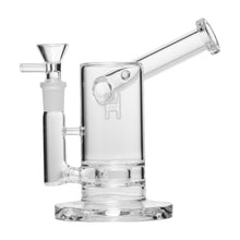 The Human Grade 6" Sidecar Bubbler features a clear borosilicate glass cylindrical chamber, 14mm flower bowl, and side mouthpiece. Durable and stylish, it's shown here on a white background.