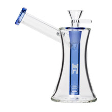 The Human Grade 6" Hourglass Sidecar Bubbler is a clear borosilicate glass water pipe with blue accents, featuring a flared base, angled mouthpiece, hourglass sidecar design, cylindrical chamber with blue percolator, and 14mm flower bowl.