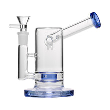 The Human Grade 6" Sidecar Bubbler is made of clear borosilicate glass with blue accents on the mouthpiece and base, featuring a cylindrical chamber, side handle, angled neck, and a 14mm flower bowl.