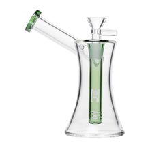 The Human Grade 6" Hourglass Sidecar Bubbler features clear borosilicate glass, a flared base, green accents on the mouthpiece and percolator, and a 14mm flower bowl—blending durability and modern style.