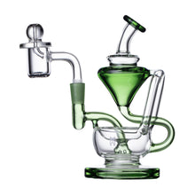 The Human Grade 5" Recycler 1A is a borosilicate glass water pipe with green accents, an artistic design, curved tubes, and a dome chamber, highlighting its double uptake recycler function against a white background.