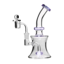 The Human Grade 8" Oil Can Rig is a clear borosilicate glass water pipe with purple accents, a curved neck, wide base, attached bowl piece, and includes a 14mm quartz bucket, shown on a plain white background.