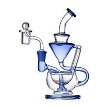 The Human Grade 8" Recycler 1A is a clear borosilicate glass dab rig with blue accents, a curved mouthpiece, angled neck, multiple chambers, and an oil catch—engineered as a double uptake recycler for smooth concentrate vaporizing.