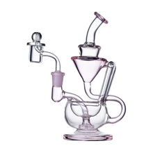 The Human Grade 8" Recycler 1A is a borosilicate glass water pipe with light pink accents, featuring an intricate double uptake recycler design, multiple chambers, and an angled mouthpiece, shown against a white background.