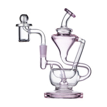 The Human Grade 5" Recycler 1A is a translucent light pink borosilicate glass dab rig with intricate curves, double uptake recycler design, angled mouthpiece, wide base, and includes an attached quartz banger for vaping concentrates.