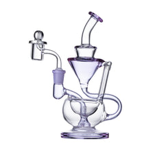 The Human Grade 8" Recycler 1A is a clear and light purple borosilicate glass dab rig with a unique modern design, featuring multiple chambers, a curved neck, handle, and efficient oil catch.