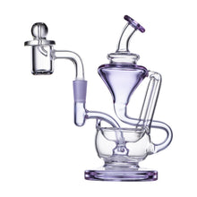 The Human Grade 5" Recycler 1A is a clear and light purple borosilicate glass dab rig with intricate curved tubing, a wide base, multiple chambers, and a domed mouthpiece for smooth, flavorful hits.