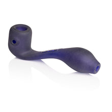 The Grav Sandblasted Classic Sherlock is a matte dark blue borosilicate glass hand pipe with a curved shape and bulbous end, photographed on a white background.
