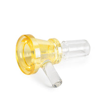 The Gear Premium 14mm XL Blaster Cone Glass Bowl Slide, made of yellow and clear borosilicate glass with a handle, is displayed lying on a white surface.