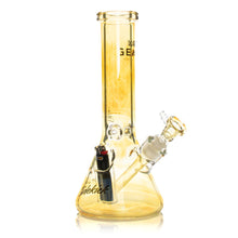The Gear Premium 12" Sidekick (Beaker) Water Pipe is a transparent yellow borosilicate glass bong with a flared base, removable 14mm bowl and downstem, attached black and red lighter, plus brand markings on neck and base.