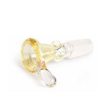 The Gear Premium 14mm Thumper Cone Bowl Slide, a clear yellow borosilicate glass bowl with a small handle for 14mm water pipes or bongs, is shown on a white background.