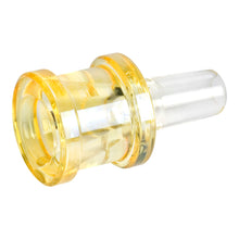 The Gear Premium 14mm XL Sugar Barrel Glass Bowl features a transparent, yellow-tinted design with a round, flared end and cylindrical tapered shape—perfect as a bong pull-out or for any 14mm water pipe. Shown on a white background.