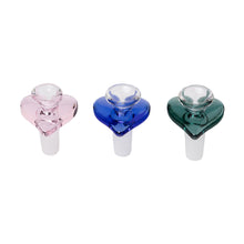 The Human Grade Novelty Bowl, available individually or in a pack of 3 with heart-shaped designs in pink, blue, and green, is shown side by side on a white background—perfect as a glass bong bowl for any 14mm water pipe.