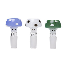 Three Human Grade Novelty Bowls shaped like mushrooms in blue, white, and green with spots are lined up against a white background. Available individually or as a pack of three—perfect for your 14mm water pipe or glass bong.
