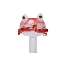 The Human Grade Animal Glass Bowl Slide features a cartoon crab shape with big eyes, red claws, and a translucent pink body. Its clear, cylindrical 14mm base fits most water pipes—ideal for fans of fun, animal-themed bowls.