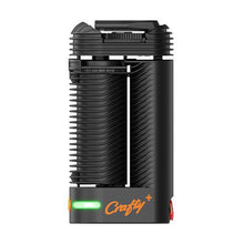 The Storz & Bickel Crafty+ Vaporizer USB-C Charger is a black, rectangular device with ribbed sides, an orange logo and button, a green indicator light on the front bottom, and convenient USB-C charging.