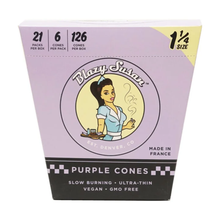 A box of Blazy Susan Purple Paper Cones with retro-style woman art, containing 21 packs of 6 (126 total) 1¼ size, slow-burning, ultra-thin cones. Vegan and GMO-free.