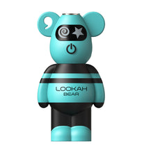 The Lookah Bear 510 Thread Battery is a turquoise and black bear-shaped device with "LOOKAH BEAR" on its chest, a power symbol, unique face design, variable voltage, and is compatible with 510 tanks.