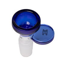 The Human Grade Handle Bowl x3 - 14mm features a blue-rimmed glass design, easy-grip handle, and frosted 14mm male joint for secure attachment to your bong or water pipe.
