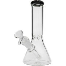 The Glassic Beaker Bong with Color Lip | 8" features a clear, smooth glass design with a straight neck and angled bowl, showcasing all internal components. Ideal for smoking, this beaker-style water pipe adds a splash of color on the lip.