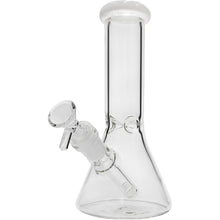 The Glassic Beaker Bong with Color Lip | 8" features a clear glass beaker design, wide base, cylindrical neck, and removable downstem and bowl, shown on a white background.