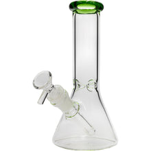 The Glassic Beaker Bong with Color Lip | 8" is a clear glass bong featuring a beaker shape, green-tinted mouthpiece, and removable bowl piece.