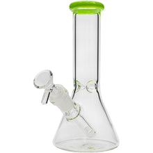 The Glassic Beaker Bong with Color Lip | 8" is a clear glass beaker-style water pipe featuring a green-rimmed mouthpiece and an angled downstem for smooth smoking.