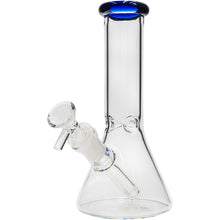 The Glassic Beaker Bong with Color Lip | 8" is a clear glass beaker-shaped bong with a colored rim at the mouthpiece, featuring a removable downstem and bowl attachment.