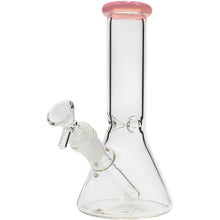 The Glassic Beaker Bong with Color Lip | 8" is a clear glass, beaker-shaped water pipe featuring a pink rim at the mouthpiece and an angled bowl attachment.